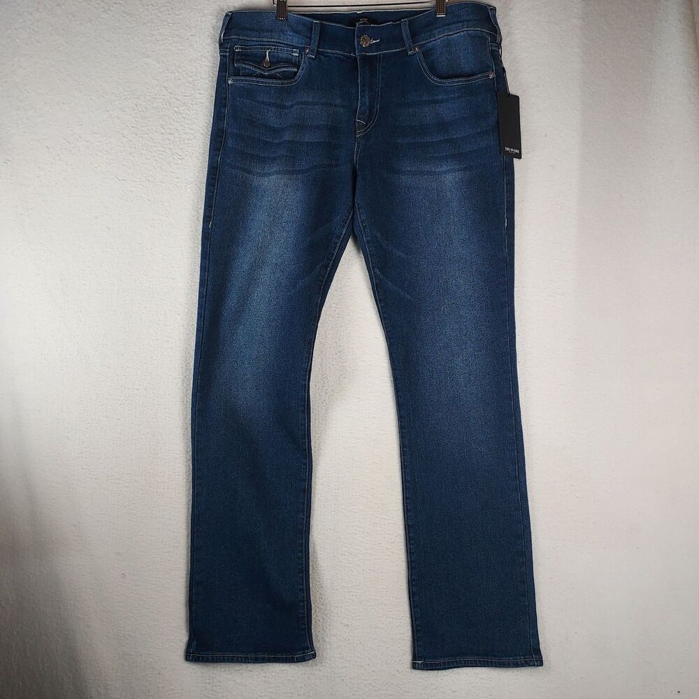 True Religion Ricky Relaxed Straight Jeans Medium Flake Blue Denim 34x34 NWT